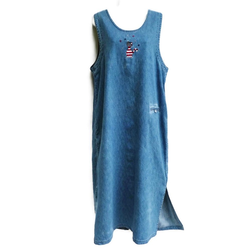 Vintage Y2K Denim Tank Dress Maxi Patriotic Cat Embroidery Button Full Back L